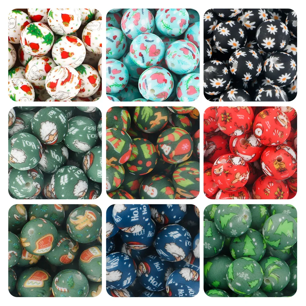 10/20Pcs 15mm Christmas print Silicone Printed Beads Round Beads For Jewelry Making DIY Keychain Necklace Bracelet Accessories