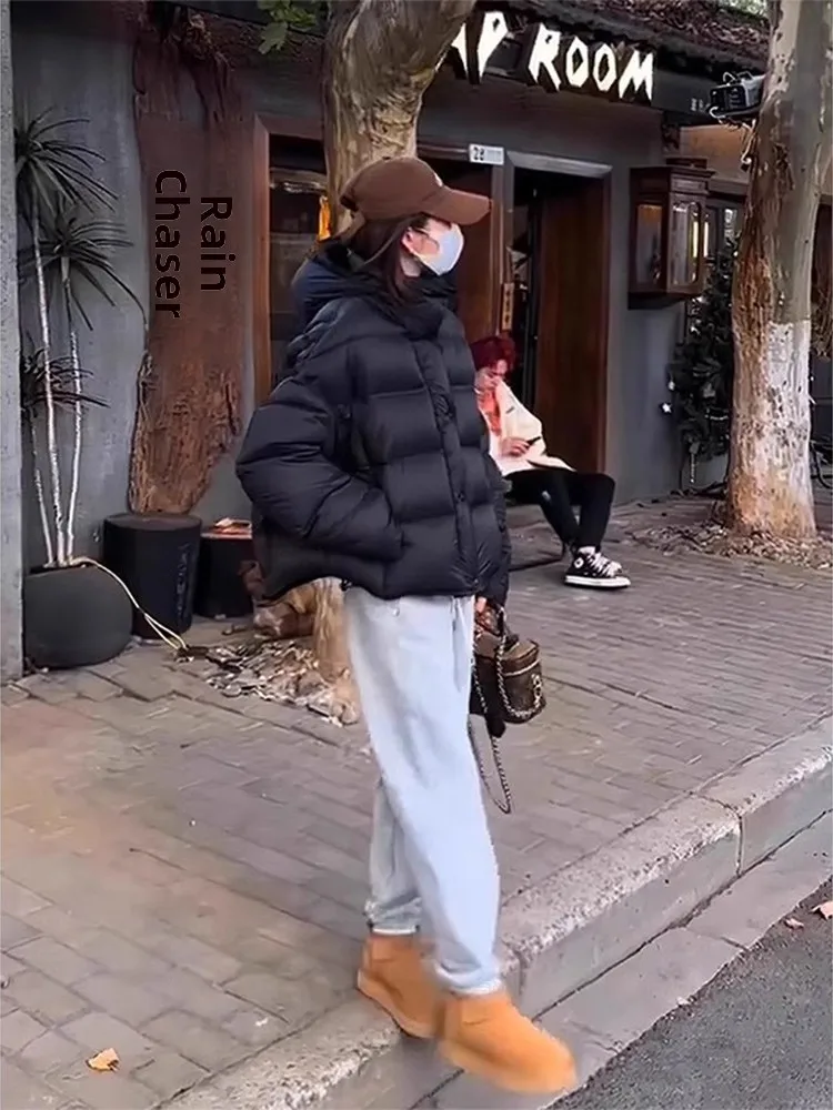 Thickened Warm Cotton Jacket Women's Autumn Winter New Style Loose European Style Bread Coat Hooded Zipper Closure Long Sleeve