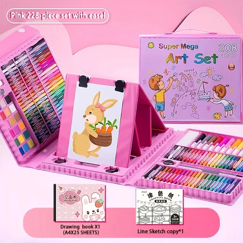 Set da 208 pezzi rosa per bambini con cavalletto - Include libro da disegno e copia di schizzi, ideale per i giovani artisti