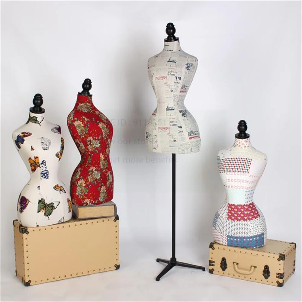 Full Linen Fabric Cover Female Cloth Art Mannequin for Sewing, Body Display Props Stand, Tripod Base Length,Printed Can Pin E205