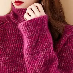 New Rose Red Lazy Style Loose Sweater Women's Gold Silk Turtleneck Raccoon Velvet Thickened Sweaters Trend