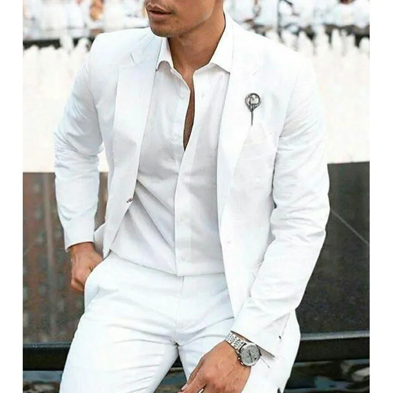 

Casual White Men Suits 2 Piece Slim Fit Blazer Jacket Pants Set Single Breasted Notch Lapel Daily Outwear Business Male Clothing