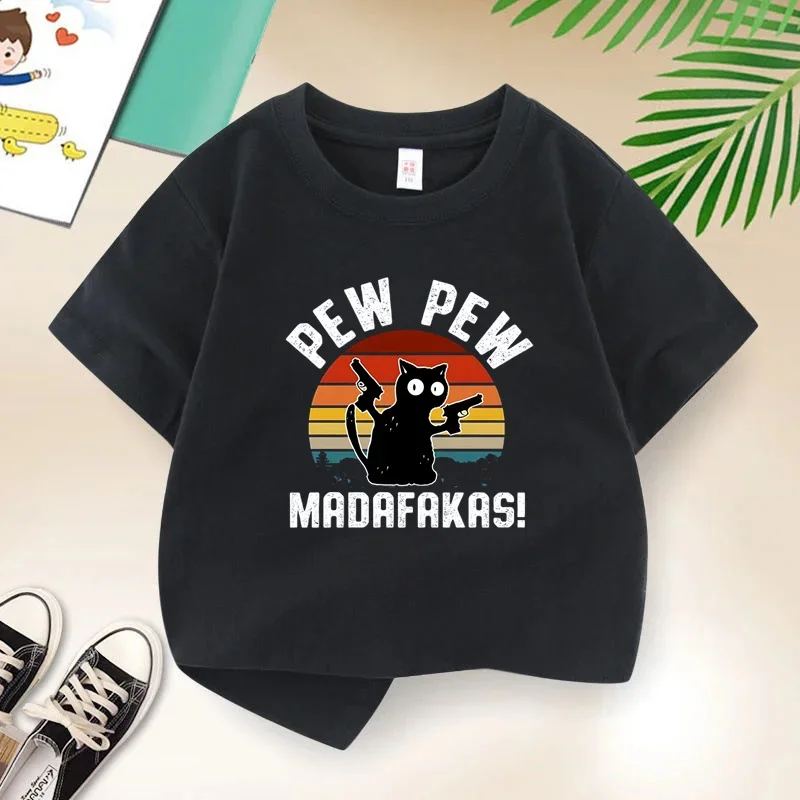 

Pew Pew Madafakas Black Cat Men's Cotton T-Shirt with Two Guns Summer Fashion Loose Tee Breathable Soft Top for Casual Wear