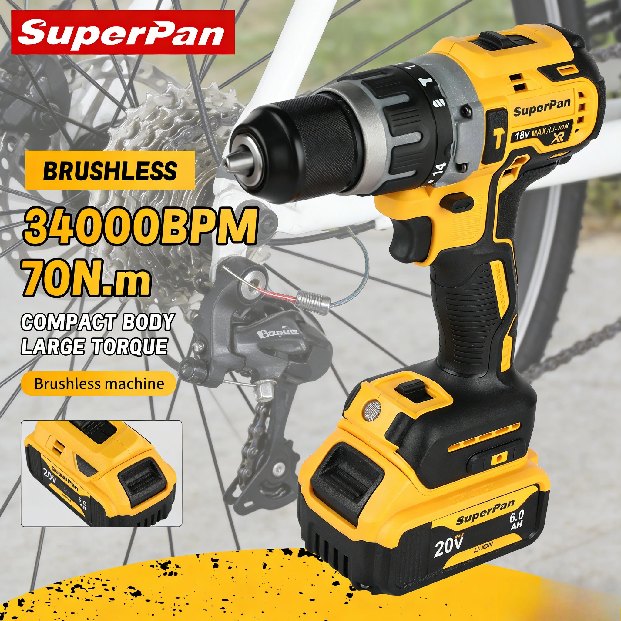 

SuperPan Rechargeable 20V 70N.m 0-34000bpm 40/13mm DIY Plastic Board Drilling Brushless Impact Drill For Dewalt 20V Battery Pin