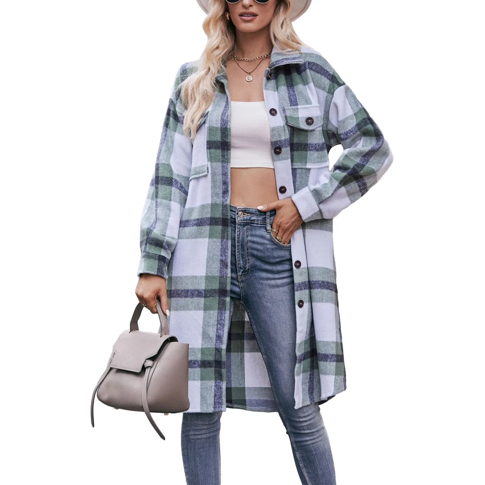 Women's Long Plaid Print Jackets Casual Long Sleeve Lapel Button Down Shacket Oversized Shirt Coat