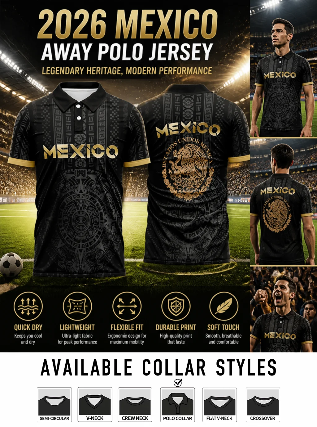 Black short‑sleeve polo top trimmed by golden cuffs, featuring classic Aztec calendar pattern