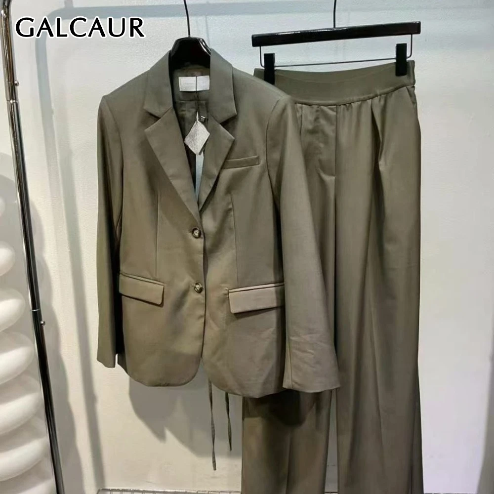 

GALCAUR Green Spliced Pocket Two Piece Set Female Lapel Long Sleeve Jacket High Waist Office Lady Women's Trousers Sets Style