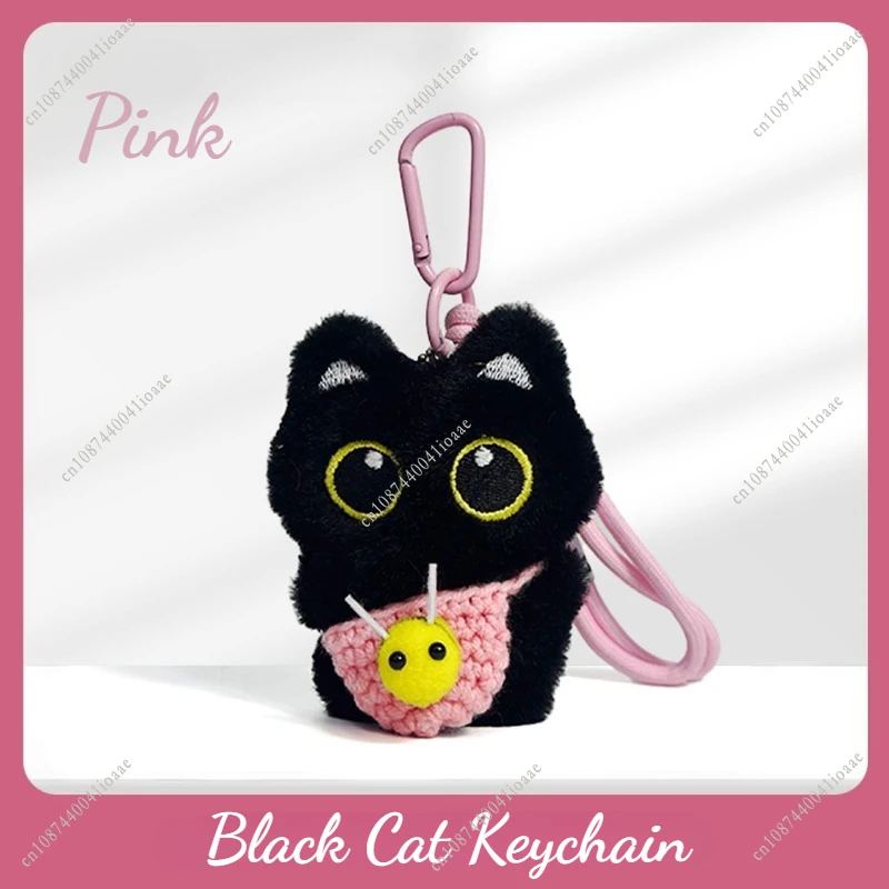 Ciondolo per borsa con ciondolo portachiavi in peluche con gatto nero super carino con ciondolo colorato per zaino intrecciato a mano Portachiavi Kawaii per regali per bambini