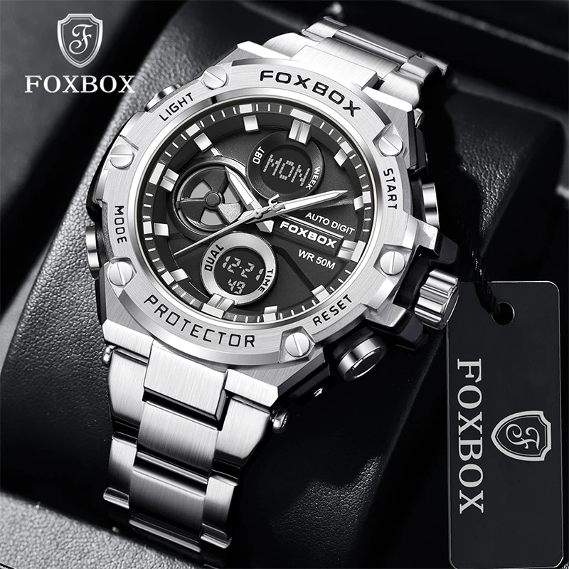 FOXBOX Luminous Watches Mens Business Led Digital Dual Time Week Display Waterproof Stainless Steel Wristwatches Reloj Hombre