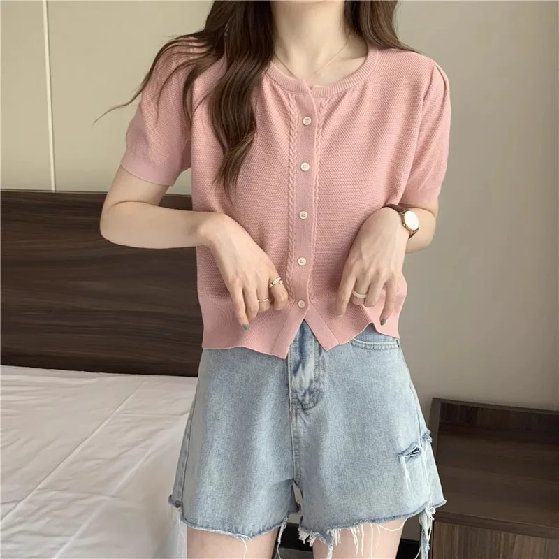 

Reduced Age Solid Color Simple Short Sleeve Knitted Sweater Women's Wear 2024 Summer New Short Straight Top