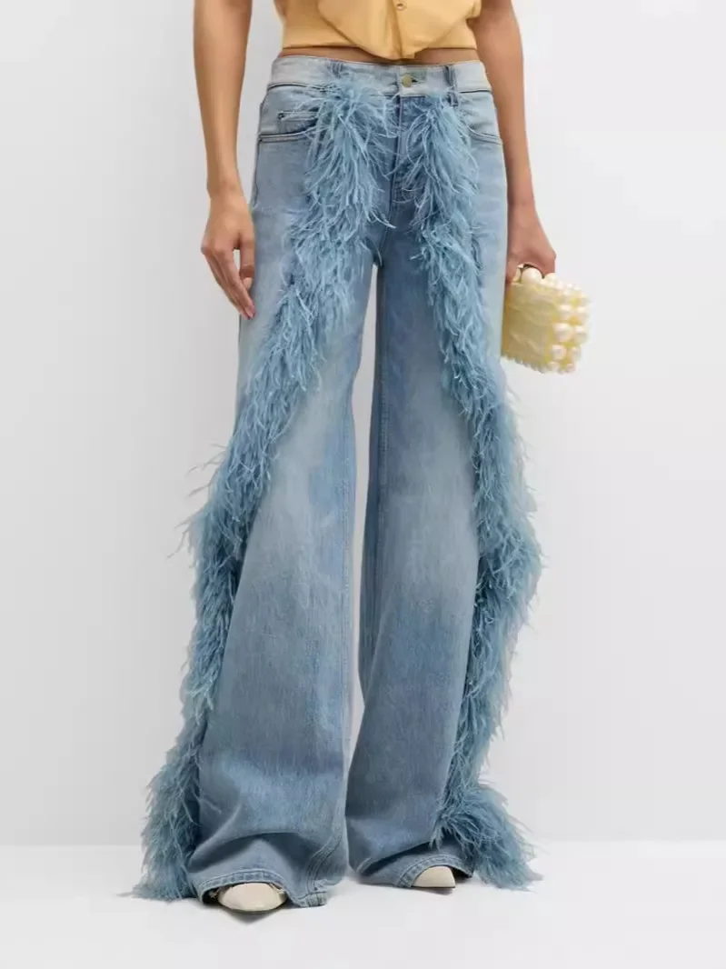 Feathers Decor Denim Wide Leg Pants Women Fashion High Waist Casual Loose Jeans Trousers Streetwear Bottom Fall Winter 2024