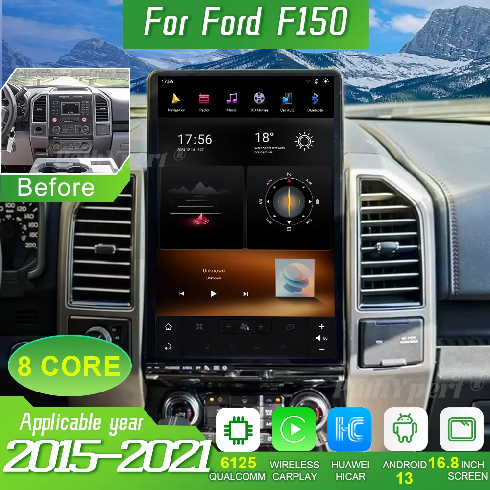 

16,8-дюймовый Android 13 мультимедийный проигрыватель для Ford F150 2015-2021, автомобильная магнитола с беспроводным CarPlay, Qualcomm 6125, GPS, BT, DSP, Wi-Fi, встроенный 360-градусный датчик.