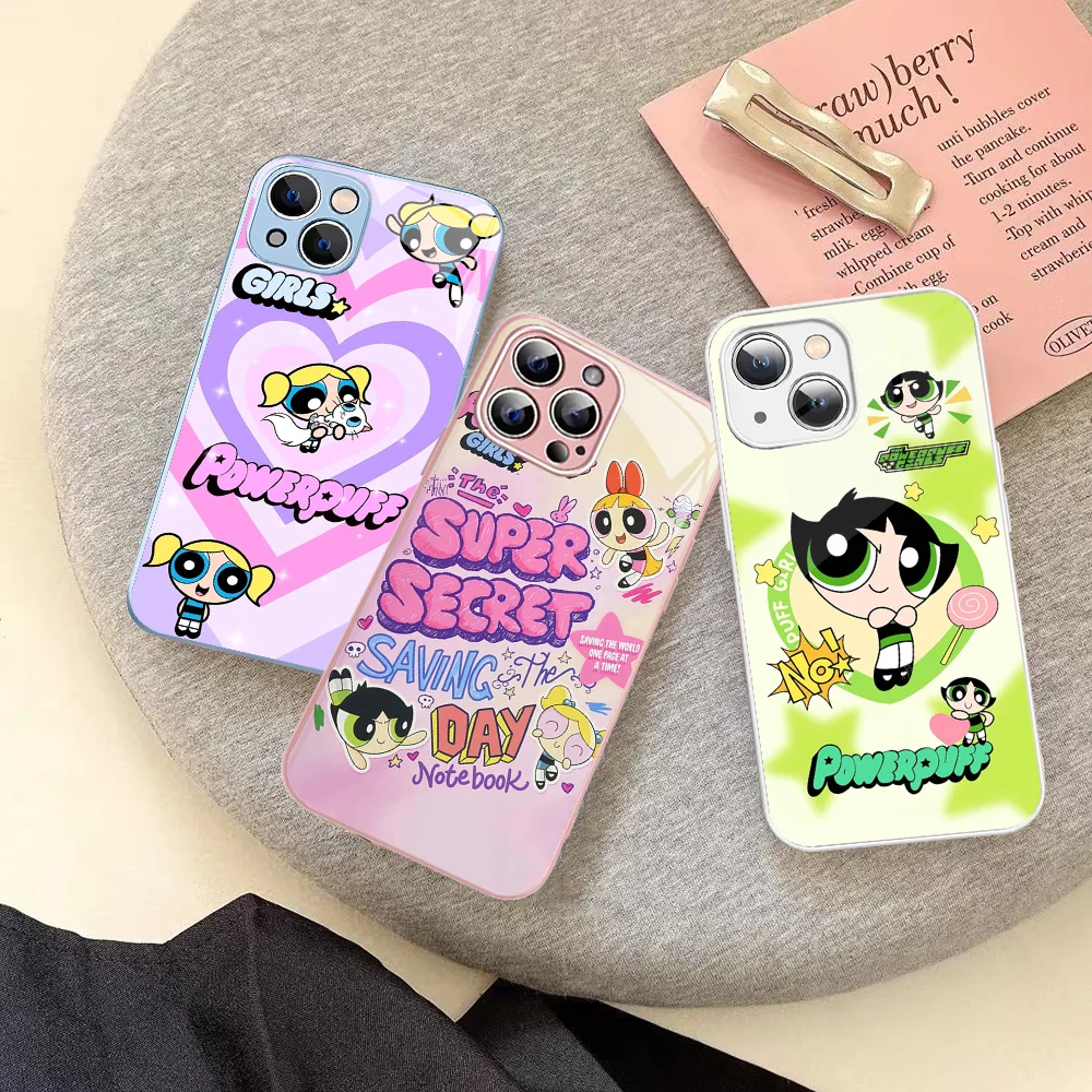 The-P-Powerpuffs Cartoon Girls Phone Case For iPhone 14 13 12 Mini 11 Pro XS Max X XR 14 Plus Tempered Glass Cover