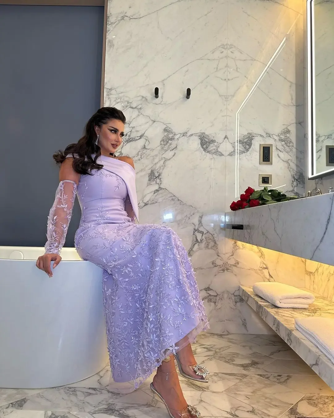 

Off Shoulder Lilac Luxury Evening Dresses Beads Oversleeve Prom Dresses 2023 New Ankle-Length Formal Occasion DressesML-104