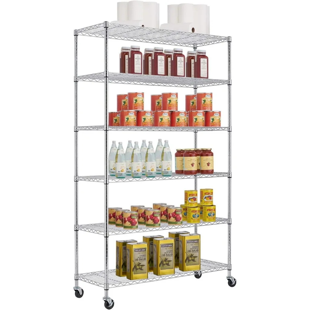 

48" D×18" W×82" H Wire Shelving Unit Metal Shelf with 6 Tier Casters Adjustable Layer Rack Strong Steel for Commercial Restauran