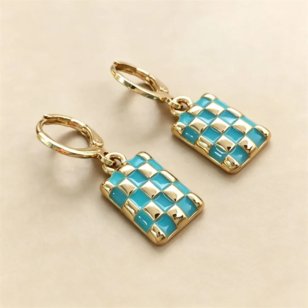 Multi Color Checkerboard Rectangle Dangle Hoop Earrings Gold Color Plated Enamel Grid Square Tag Huggie Drops for Women Girl