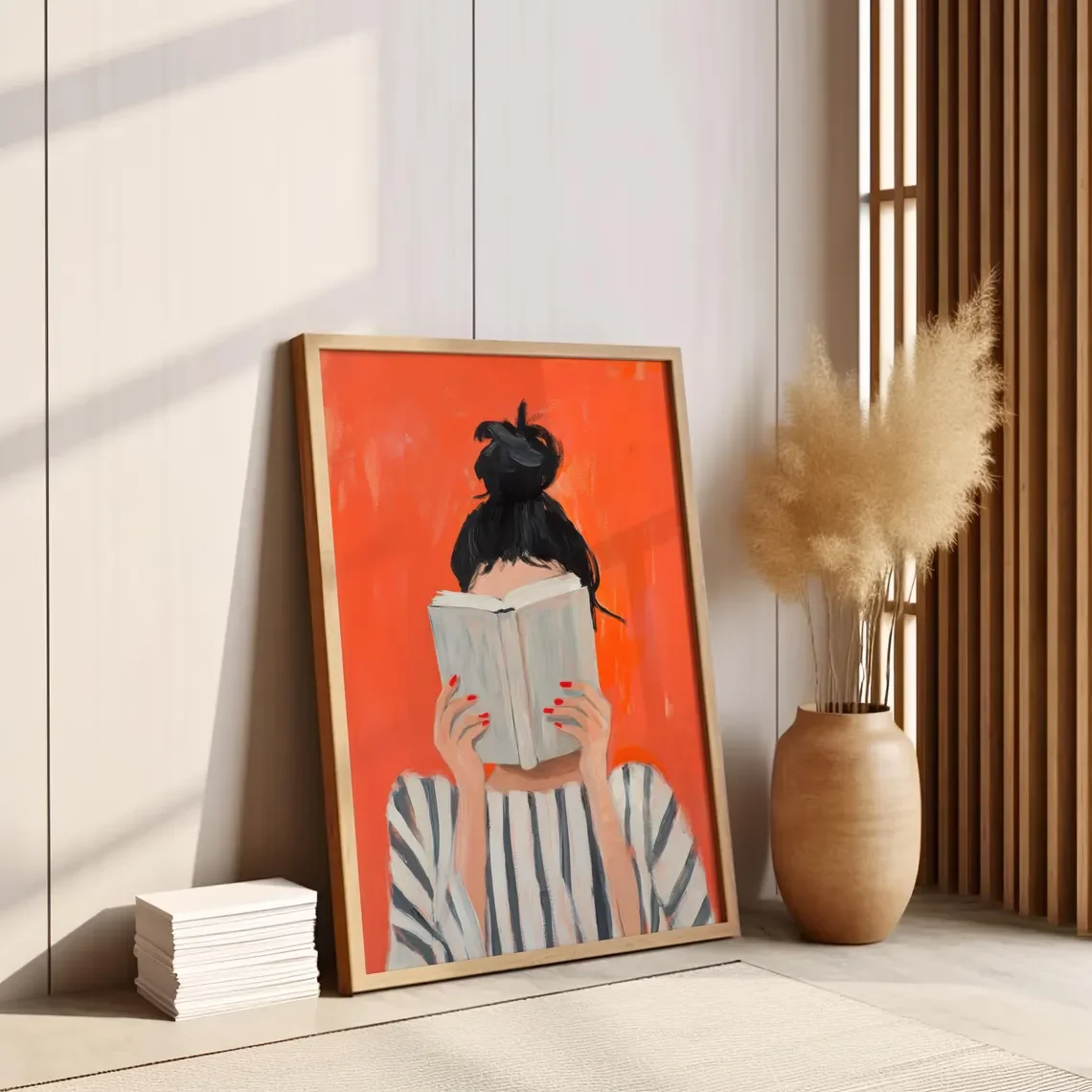 Reading Woman Art Print | Book Poster | Feminine Cozy Wall Art | Bold Orange Art Print | Abstract Contemporary Portrait Art image 4