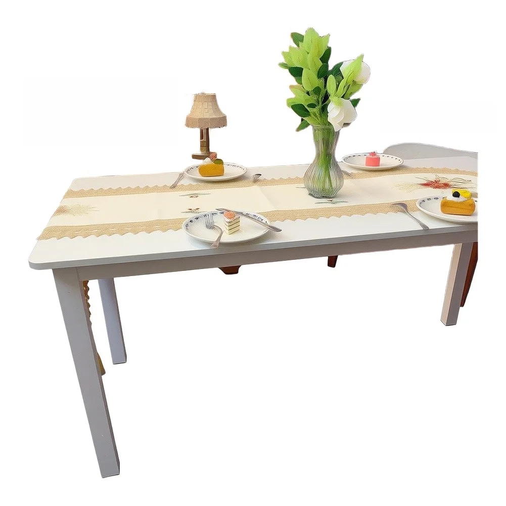 Festive White Table Scarf Polyester 40x180CM Bell Embroidery Lace Border and Hanging Tassel for Coffee Table Styling