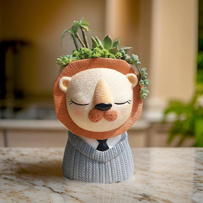 Animal Succulent Flower Pots Mold 3D Lion Pen Holder Silicone Mould Concrete