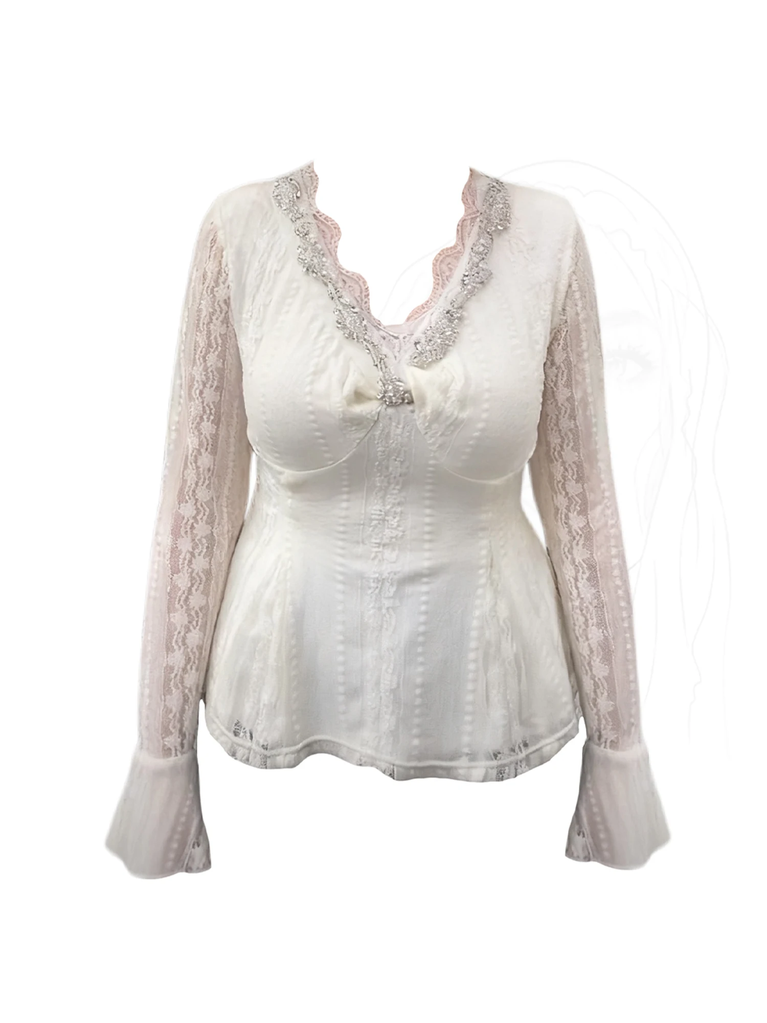 

Women's Apricot V-Neck Shirts Blouses Y2k Vintage 2000s Elegant Long Sleeve Lace Patchwork Oversize Shirt Clothes Spring Autumn