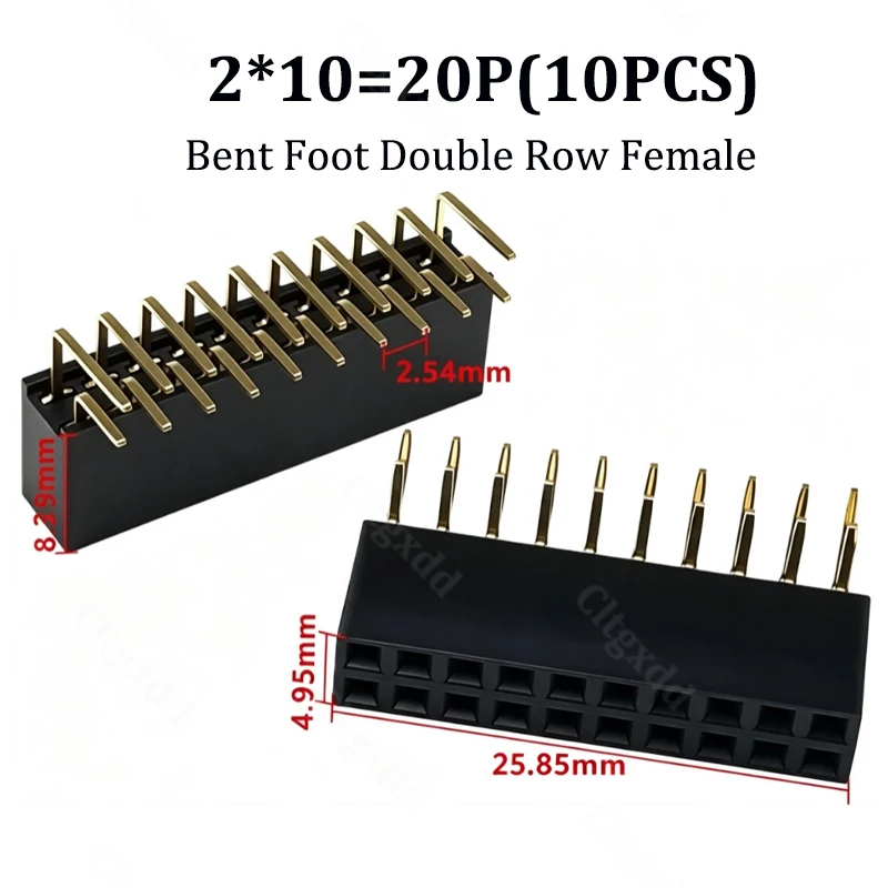 10 Stück 90-Grad-Winkelstecker, zweireihig, Buchsenleiste, 2,54 mm Rastermaß, PCB-Buchsenstecker, 2×3, 2×4, 2×5, 2×6, 2×7, 2×8, 2×20, 2×40 Pins – Detail 20