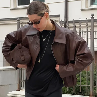 

Винтажные куртки-бомберы из искусственной кожи, осень 2026, новые женские, на молнии, с отложным воротником, длинными рукавами, карманами, с поясом, свободного кроя, в уличном стиле
