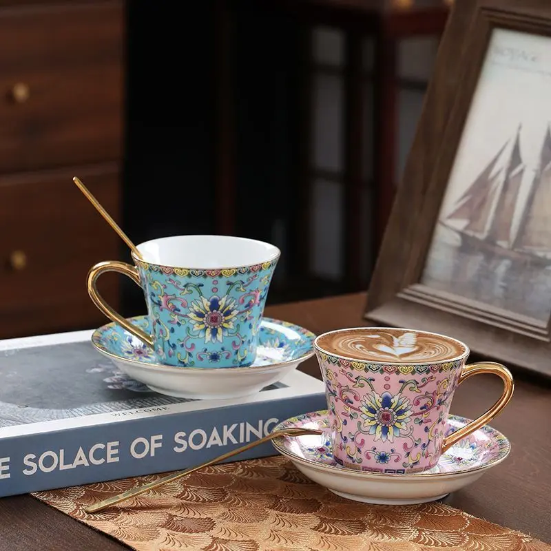 180ml European-style Ceramic Coffee Cup Saucer Spoon Enamel Breakfast Milk Mug English Afternoon Tea Tea Cup Exquisite Gift New