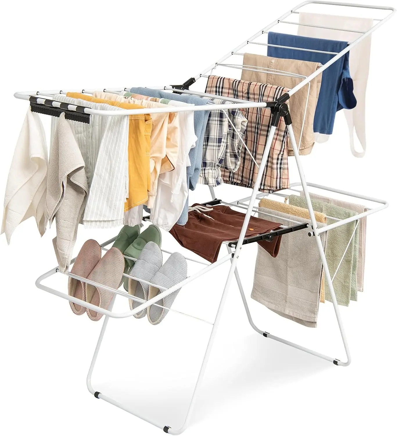 Indoor Outdoor Use, Foldable Drying Rack Clothing w/Height-Adjustable Gullwing, 33 Drying Rails, Sock Clips