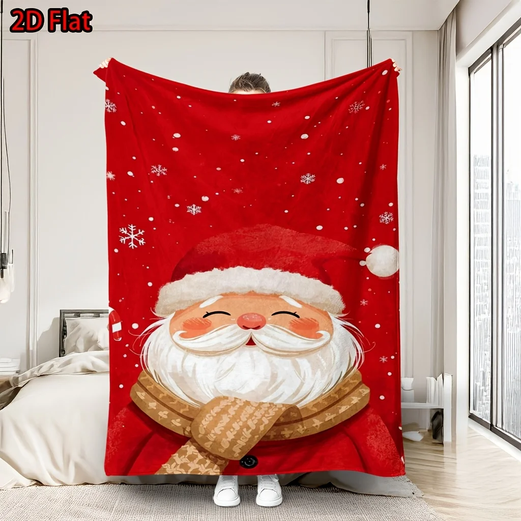 Large Throw Blanket With Red Snowflakes & Smiling Santa Claus, Warm Festive Vibe, Cartoon Hand‑Drawn Style, Soft Thick