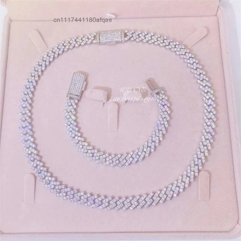 Hotsale 925 Sterling Silver Prong Setting Iced Out Vvs Moissanite Diamond Cuban Link Chain Set.