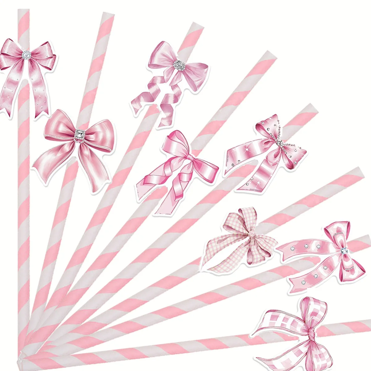 Pink Bow Paper Straw Cupcake Toppers Bowknot Cake Decoration Girls Birthday Theme Party Wedding Baby Shower Decor Supplies Gifts