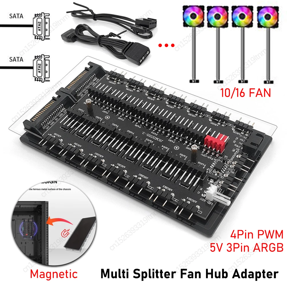 Magnetic Multi Splitter Fan Hub Adapter 5V 3PIN ARGB 4Pin PWM SATA Power PC Chassis Fan Splitter Computer Desktop PC Accessories