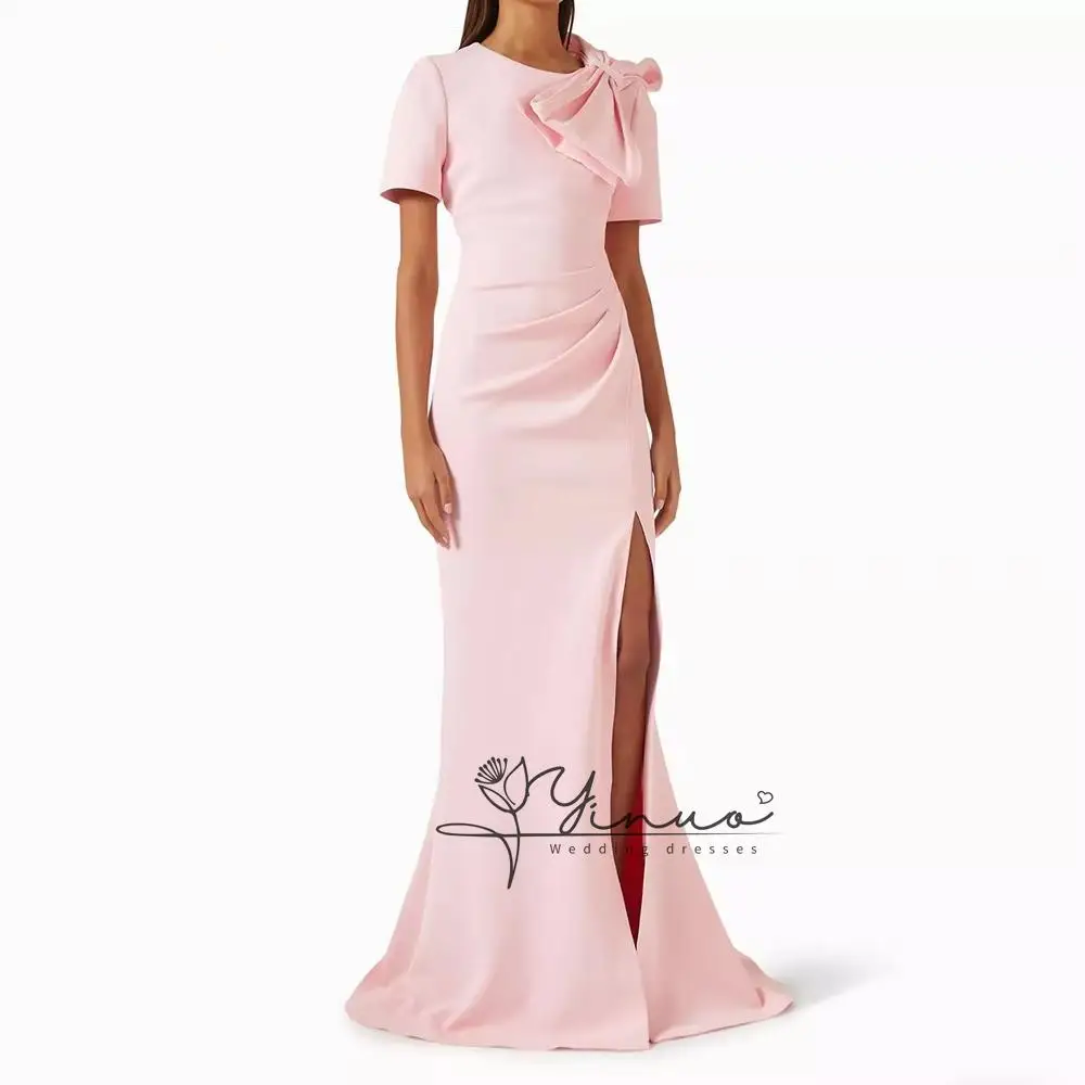 Customized Women's Mermaid Evening Dresses Floor-length O-neck Short Sleeve Prom Dresses Fashion Stole Side-split Draped