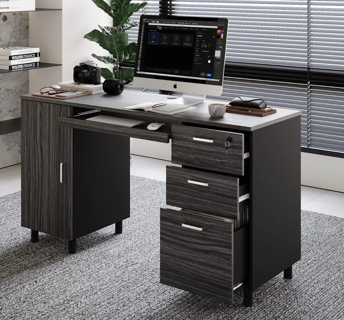 Modern Design By Crafts & Comfort Venice Computer Desk - Office Desk With 3 Drawers & Cpu Storage Cabinet - Laptop Workstation