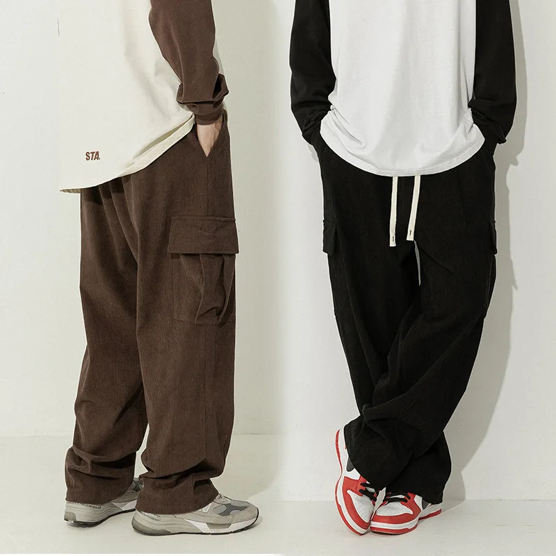 

2025 Spring Corduroy Casual Trendy Style Pants Loose Cargo Pocket Cuffed Design Solid Color Long Pants Pocket Drawstring GUFP