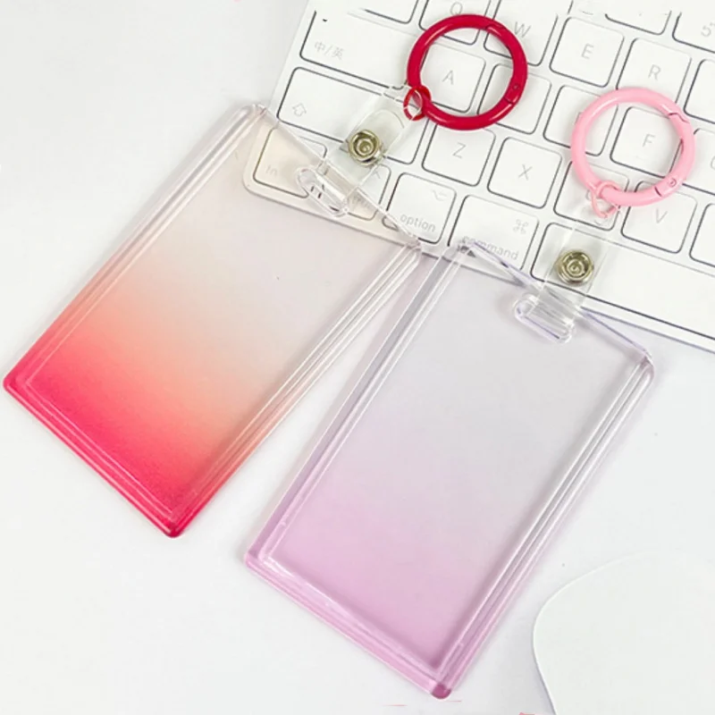 Random 2pcs Gradient Pink Transparent Cover Card Holder With Keychain， Work Student ID Card Bus Transport Card Protector Holder