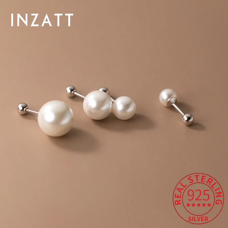 

INZATT Real 925 Sterling Silver Piercing Screw Bead 6/8/10/12mm Pearl Stud Earrings For Women Elegant Fine Jewelry Accessories