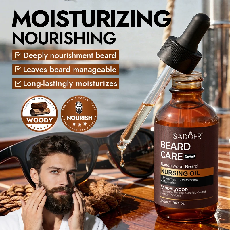 SADOER Men's Beard Growth Set, Gentle Nourishment, Sandalwood Beard Oil, Beard Balm, Beard Shampoo, Scissors, Comb, Brush