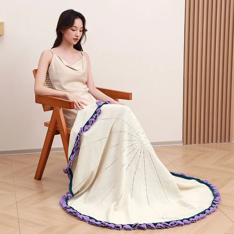 Solid Bell Orchid Bouquet Round Blanket Knitted Handmade Multifunctional Shawl Cushion Office Napping Sofa Cover for All Seasons