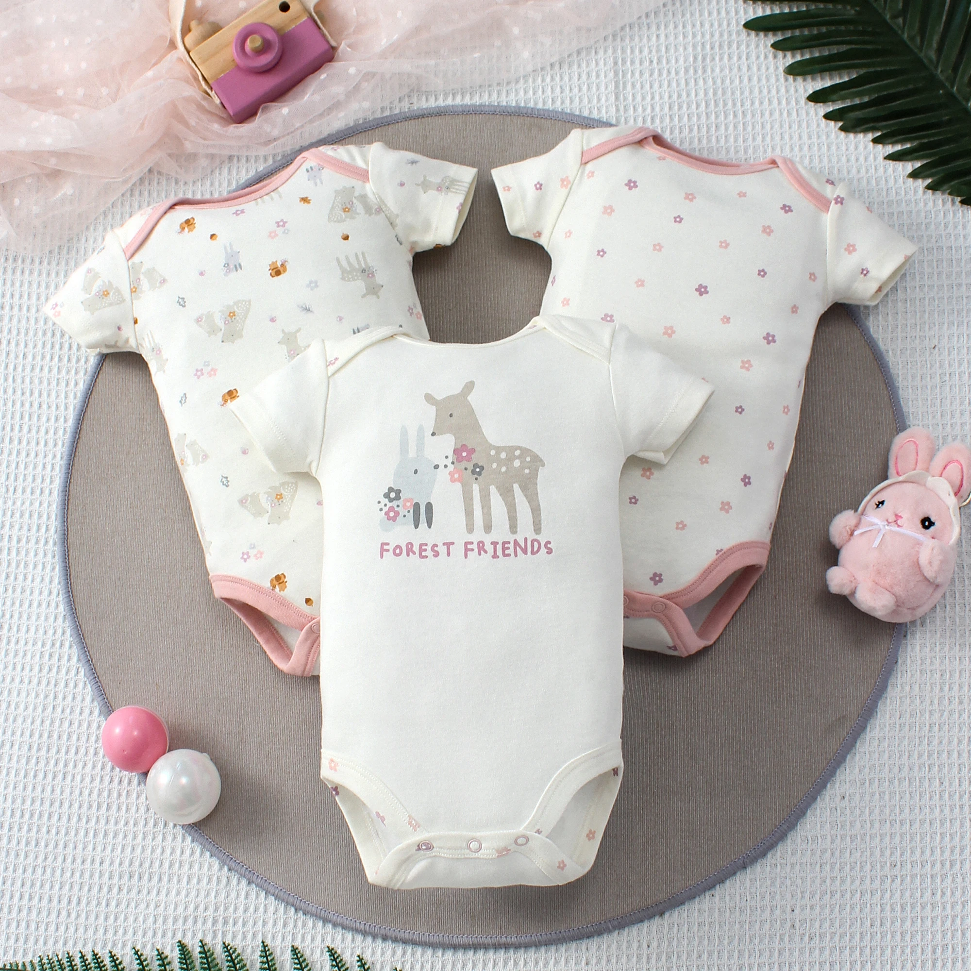 3PCS Summer 0-9 Month Baby Bodysuit Cartoon Deer and Rabbit Pattern Paired with Flower Print and Forest Animal Pattern Bodysuit