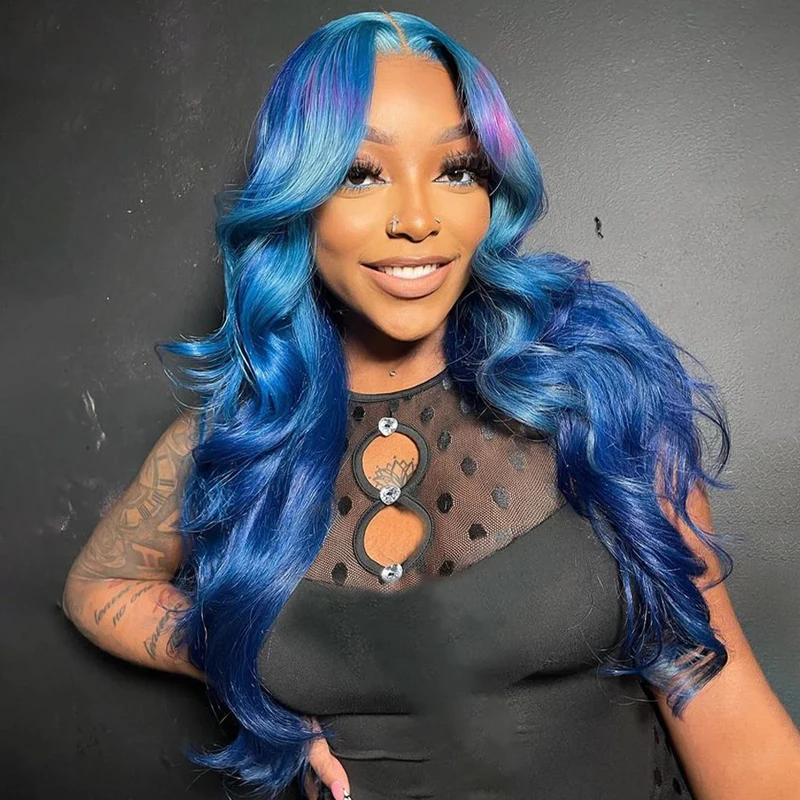 Perruques Body Wave Lace Frmetals pour femmes, bleu violet ombré, prêt à aller, perruques synthétiques, 13X6, 13tage, pré-découpées, 6tage