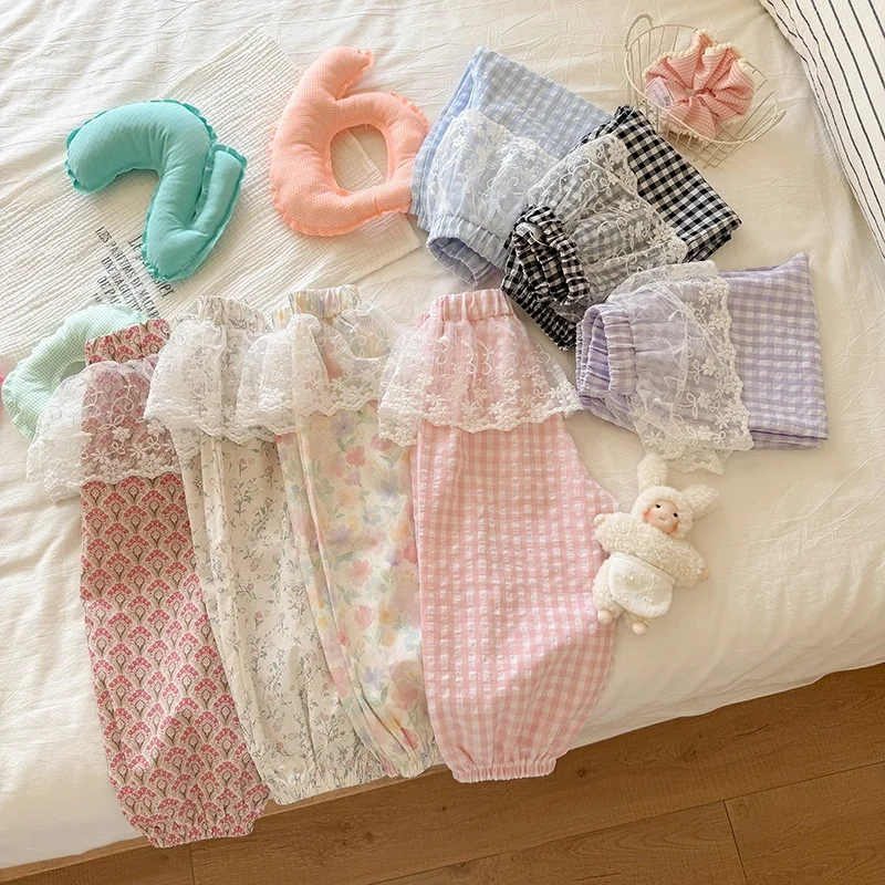 

Girl's Spring/summer Thin Pants 2026 Korean Children's Clothing Cotton Floral Checkered Pants Kids Mosquito-proof Pants
