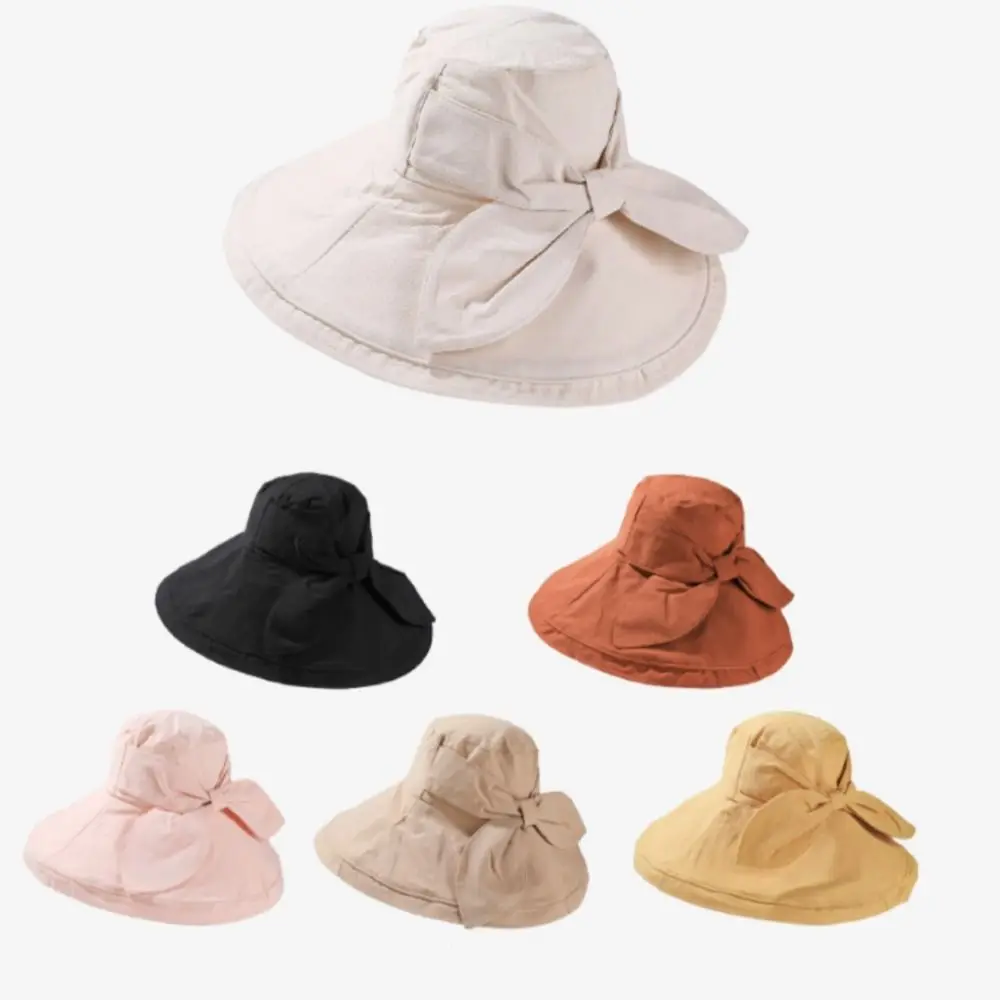Fashion Large Brim Sun Hat Foldable Solid Color Bow Fisherman Hat Anti-UV Thin Sun Protection Cap Outdoor Beach
