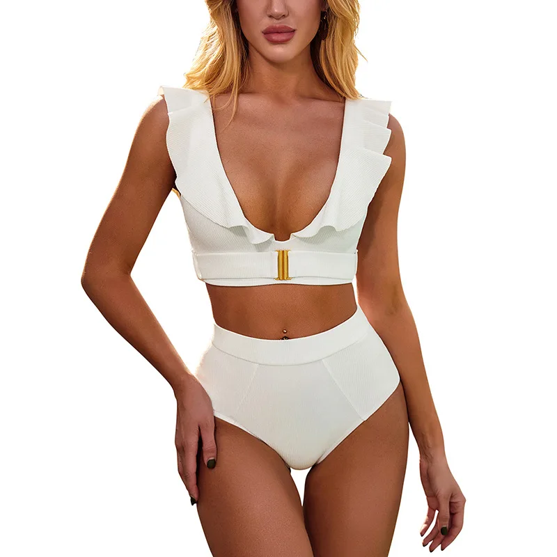 Swimwear Women High Waist Ruffled Bikini Woman Push Up White V Neck Sexy Swimsuit Sleeveless Vintage Two Piece Women Swimwear