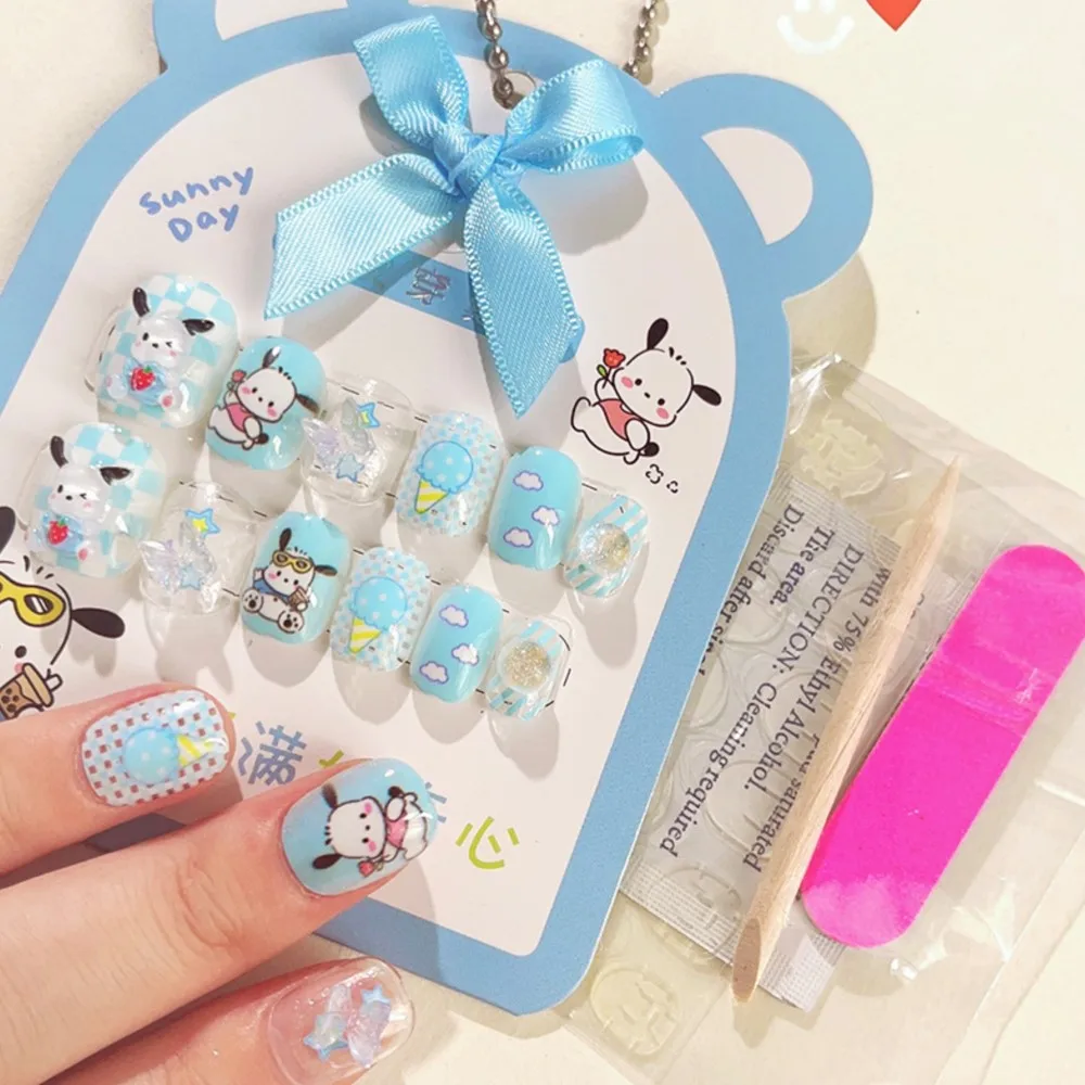 12Pcs Sanrio Press-on Nails Kuromi Cute Cartoon Accessories Acrylic Soft Gel Tips Kids Kawaii Full Cover Short False Nail Tips