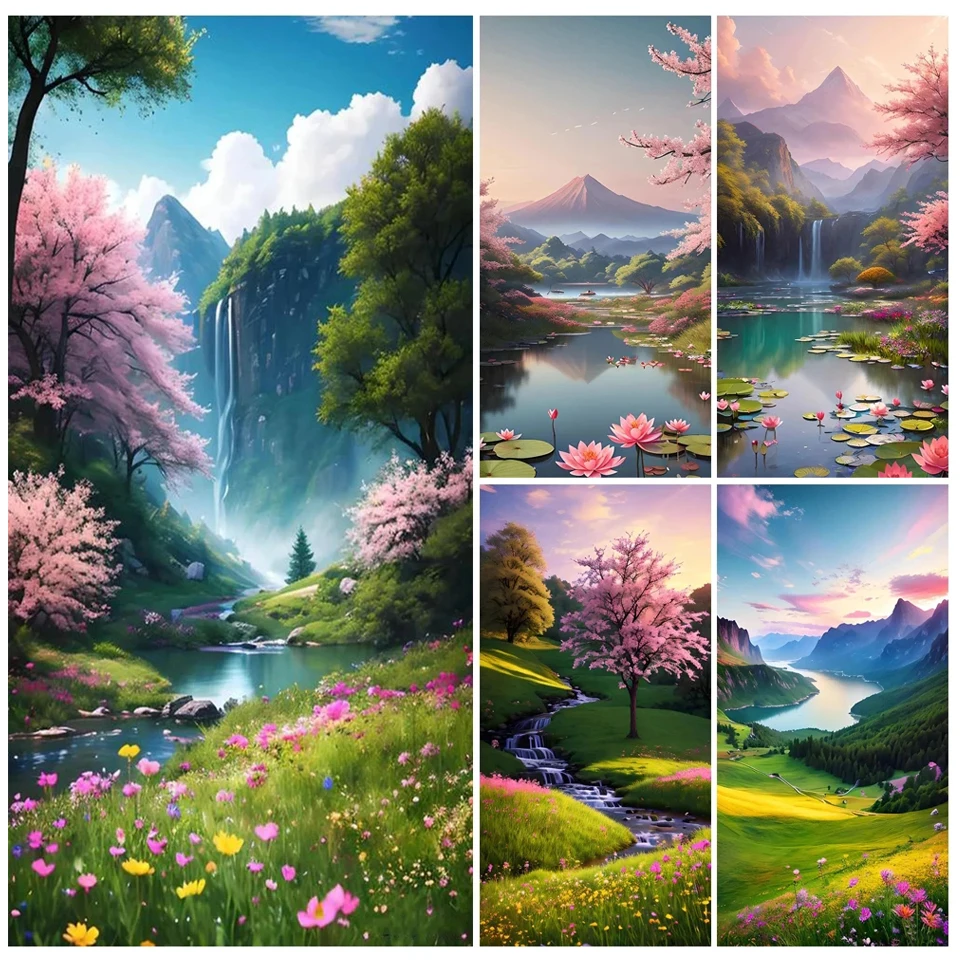 5D DIY Diamond Painting Flower River Mountain Picture Mosaic Embroidery Full Drill Cross Stitch Rhinestones Home Decor GG1097