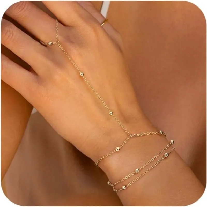 Ring Hand Chain Bracelet for Women Trendy 14K Gold Plated Stainless Steel Bead Satellite Hand Chain Bracelets Jewelry Gift