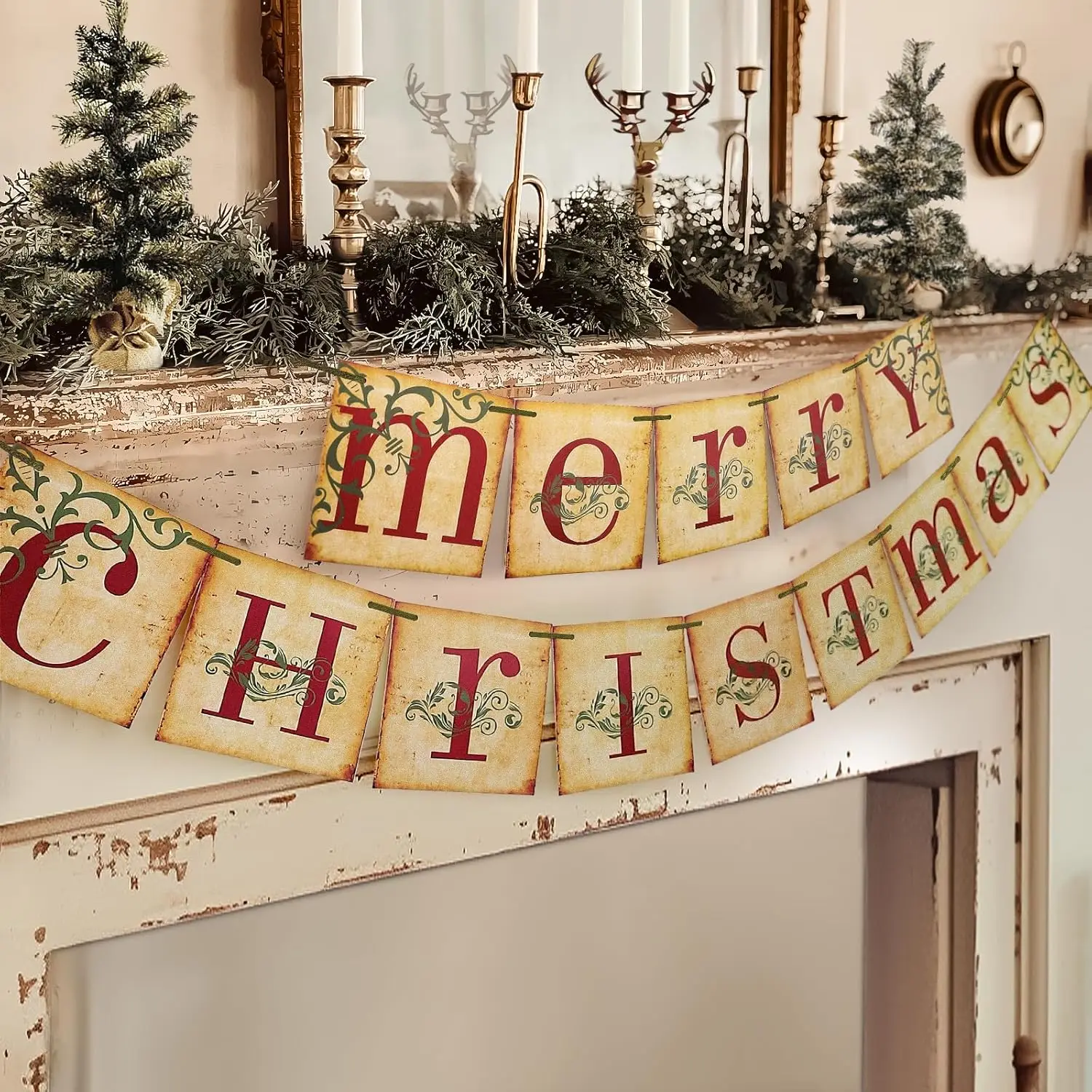 Christmas Decorations - Vintage Merry Christmas Banner - Retro Nostalgic Traditional Old Fashioned Victorian Xmas  home decor