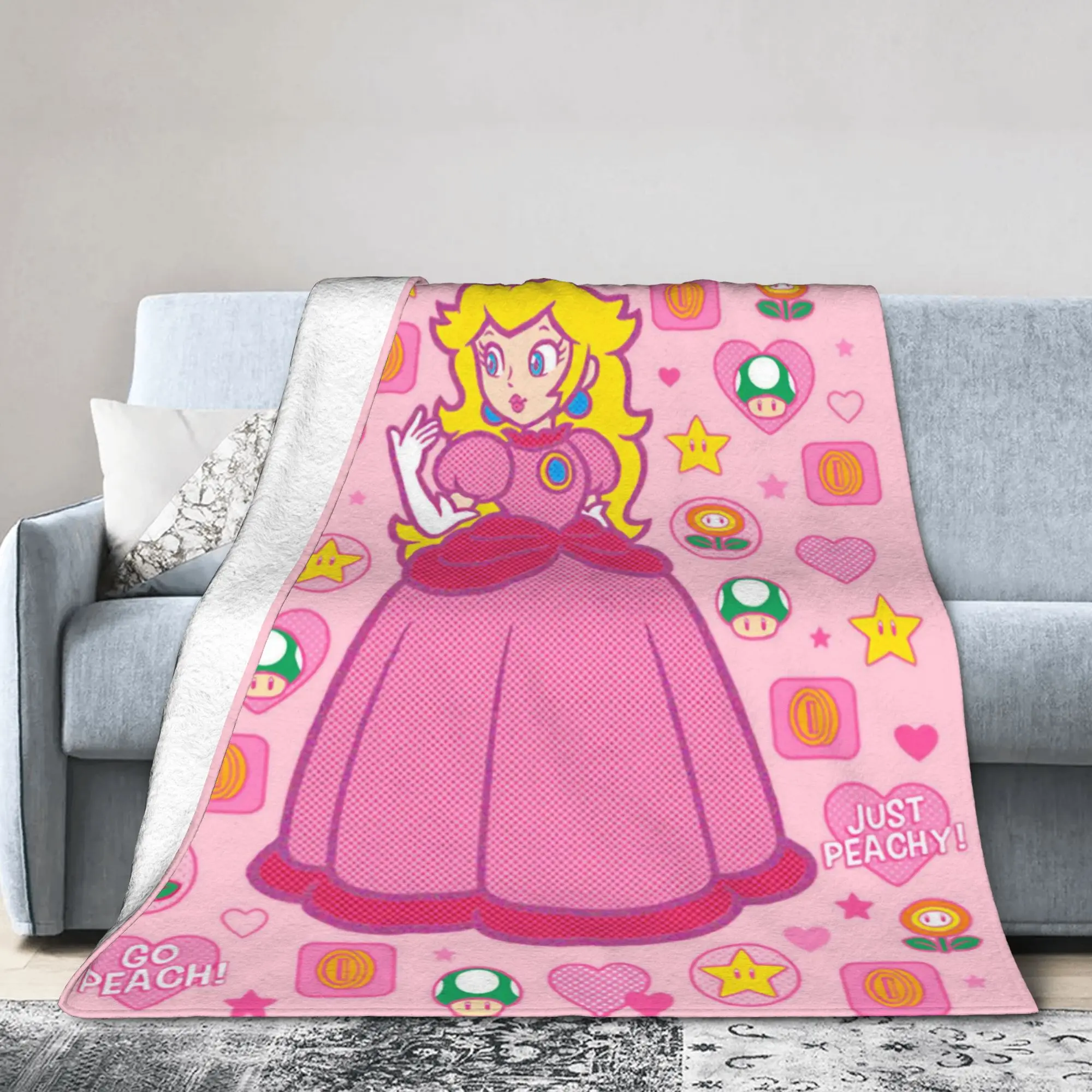 Manta de princesa Peach Marios de franela para primavera y otoño, manta ligera transpirable para cama, edredón fino de felpa para coche