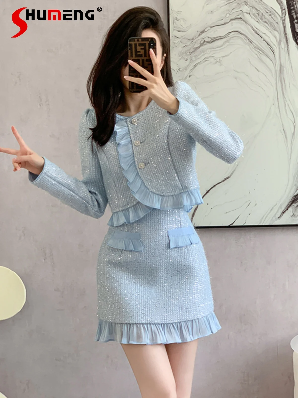 

Women's Small Fragrant Whole Sets 2024 Autumn Winter Feminine New Trendy Tweed Long Sleeve Jacket Women's Solid Color Hip Skirts